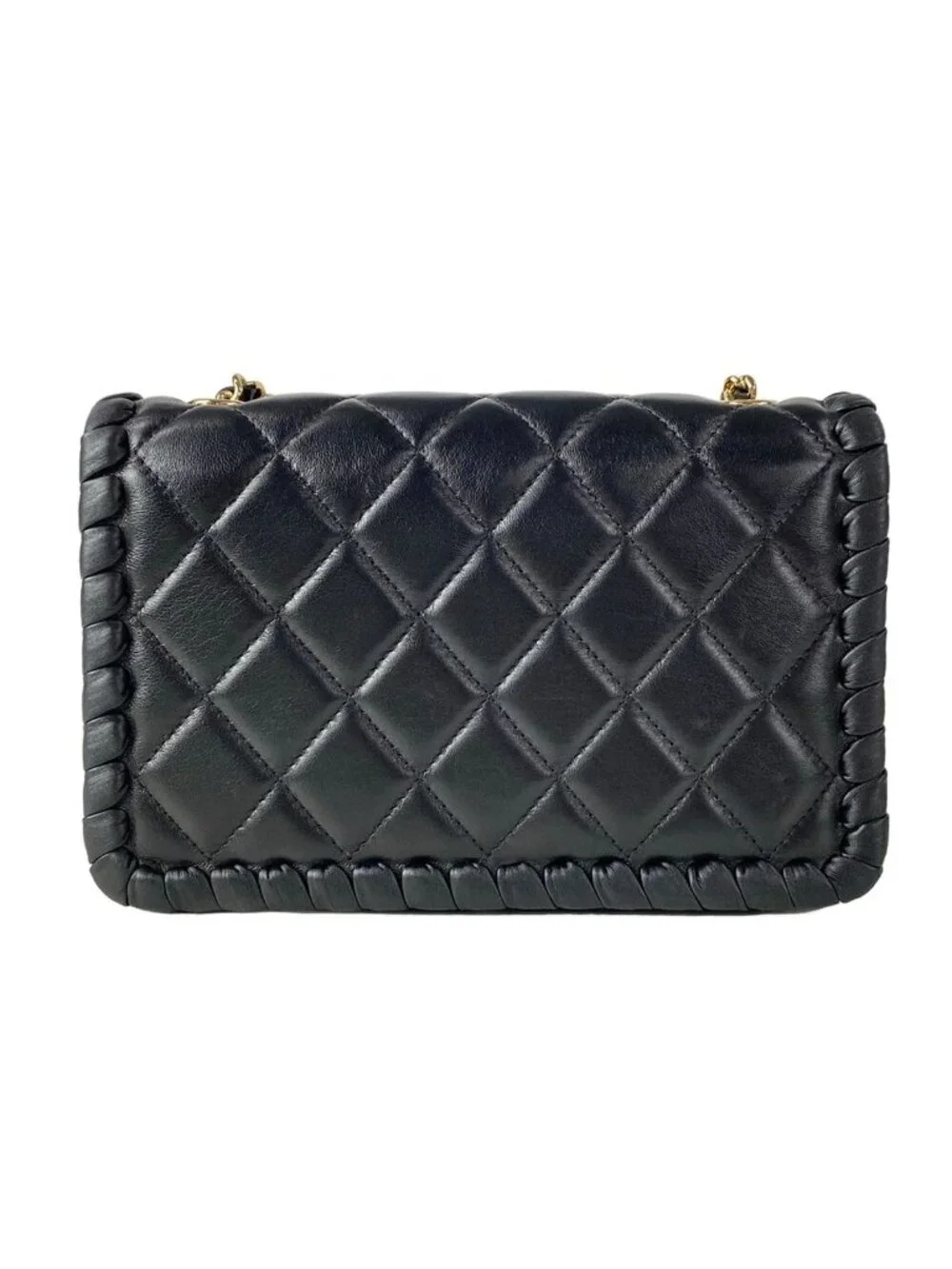 Chanel Wallet Quilted Black Chain Gold Coin Charm Braided Metal Lambskin